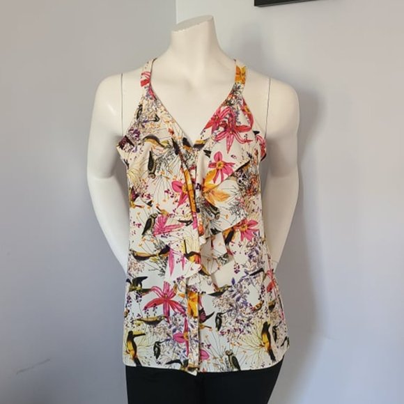 Banana Republic Tops - Banana Republic - Floral/Bird Print Flounce Sleeveless Blouse